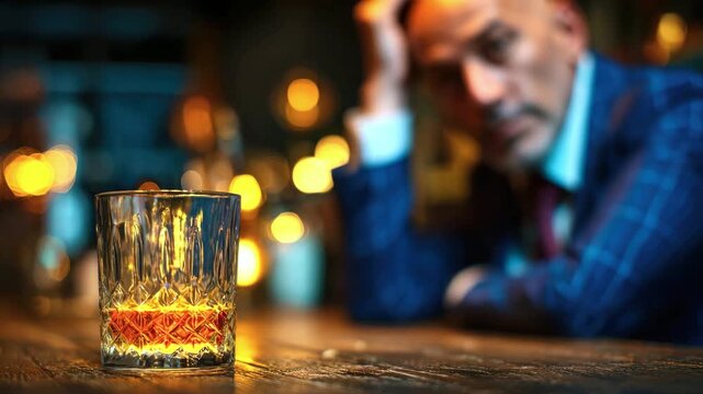 A glass of amber whiskey on a wooden counter in a bar against the background of a tired man in a suit. The concept of a hard day at work, stress, loneliness and alcohol addiction