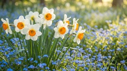 Fototapeta premium White and orange daffodils blooming in a meadow of blue spring flowers.