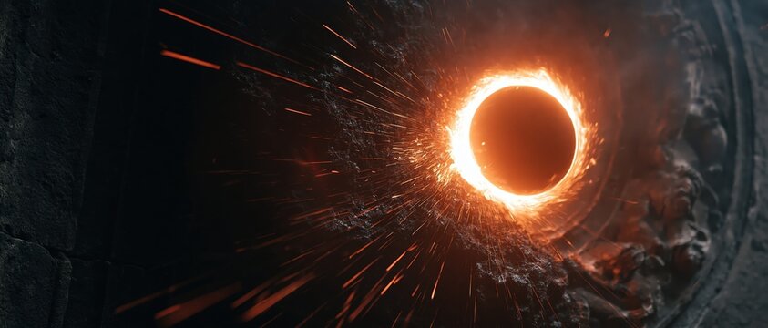 Bright orange sparks burst out from a glowing circular opening in a dark, heavy industrial furnace, creating a dynamic trail of fiery light across a textured black metallic surface.