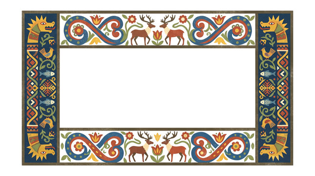 decorative wooden picture frame featuring a hand-painted Scandinavian or Nordic folk art design with carved deer, floral scrolls, and dragon motifs