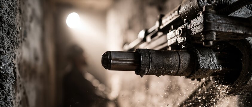 A close-up horizontal shot of a powerful wet core drilling machine boring a large hole into a concrete structure with water droplets, featuring a blurred worker in a dark industrial tunnel.