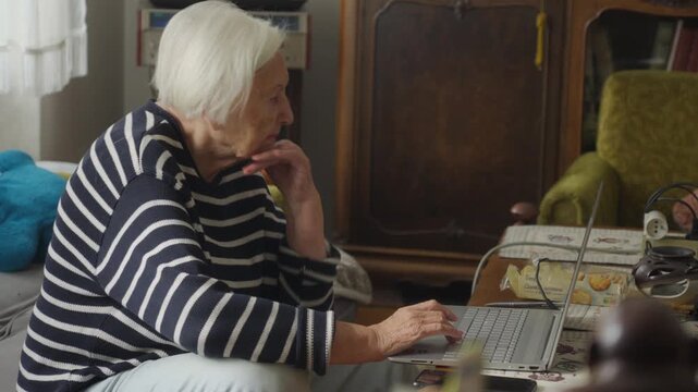 Elderly woman comfortably uses a laptop at home, demonstrating older generation adaptability to digital technology for everyday lifestyle and online activities.