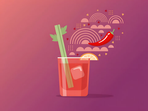 Spicy Bloody Mary cocktail with chili pepper and celery garnish in a glass on a gradient background