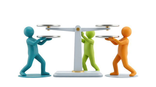 Three colorful human figures working together to balance a scale representing teamwork collaboration equality justice and fair decision making in a professional business