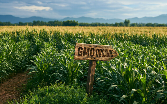 The GMO Organic Sign in a Vast Green Cornfield Landscape