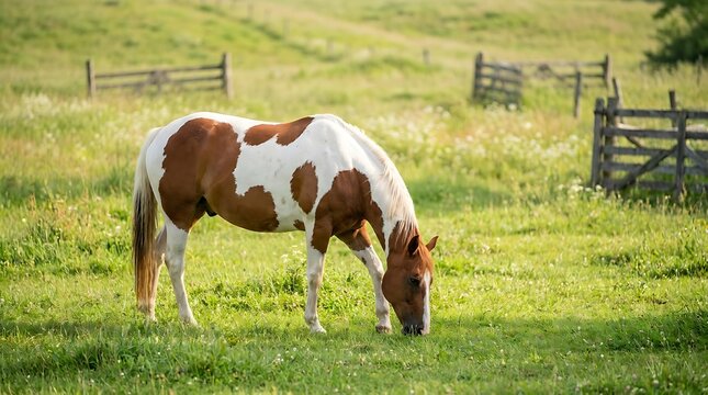 Beautiful pinto horse grazing peacefully in a lush green meadow at sunset