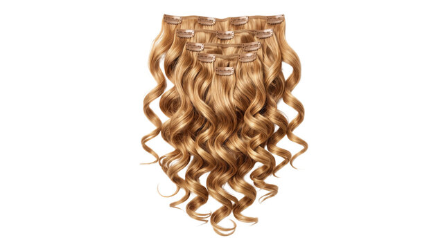 Honey blonde clip-in hair extensions, wavy human hair pieces for volume, curly blonde hair wefts on white background