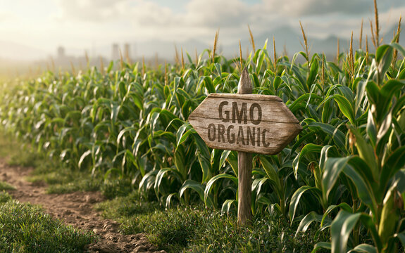 The GMO Organic Sign in a Vast Green Cornfield Landscape