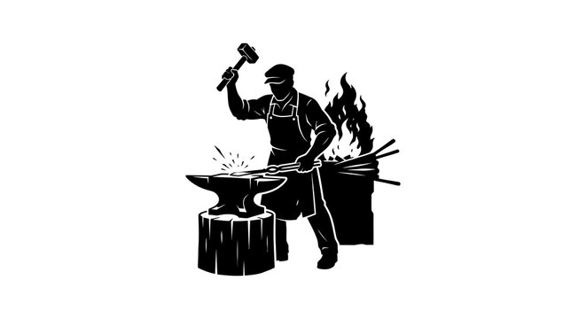 Blacksmith working at an anvil with flames a silhouette illustration
