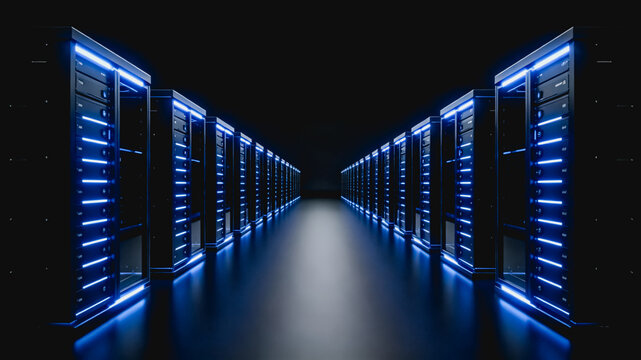 A dark data center corridor lined with rows of server racks illuminated by blue LED lights, showing IT infrastructure.