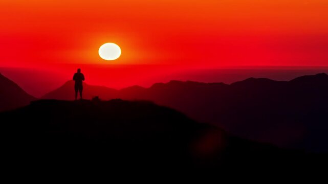 Person standing on mountain summit at sunset in French Pyrenees