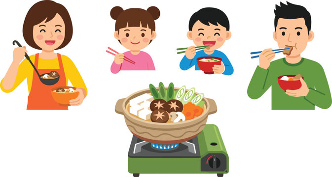 Happy Asian family eating traditional Japanese hot pot nabe dinner with soup mother cooking child using chopsticks vector illustration