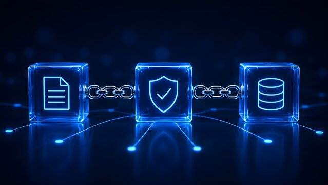 Glowing blue blockchain cubes connected by chains with shield and database icons representing secure decentralized network and encrypted data protection.