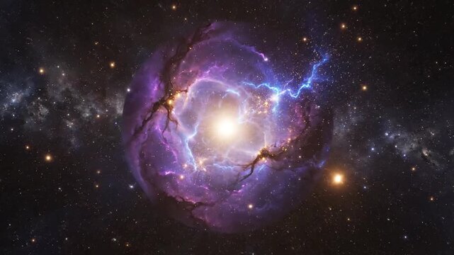 Glowing purple supernova with lightning arcs and stars in deep space.