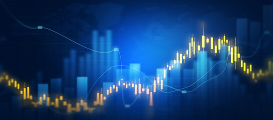 Naklejka premium Financial chart with moving up arrow graph.Financial data charts with glowing stock market graphs.Stock market investment data and analysis finance graph. 