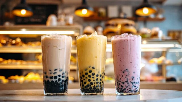 Three glasses of bubble tea with tapioca beads on a wooden counter in a cafe with warm lighting. Drink concept, cafe