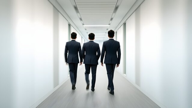 Colleagues walking down a bright corridor seen from behind, corporate momentum