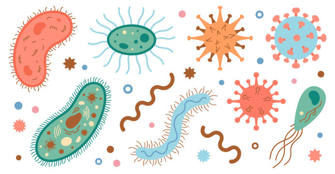 Bacterium and virus set with microbe germ pathogen and microorganism
