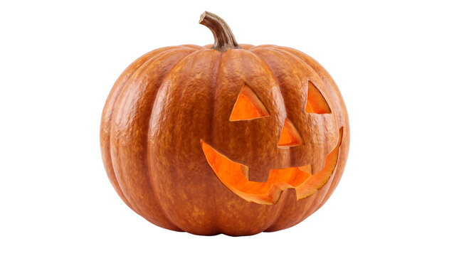 Halloween jack-o-lantern with smiling face, carved orange pumpkin for autumn holiday, festive spooky vegetable decoration isolated PNG with Transparent Background