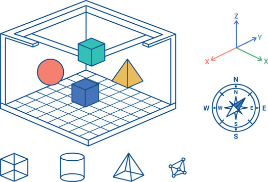 Isometric Land Zoning Map Room Design Vector Concept Illustrating Spatial Coordinates Grid Systems Geometric Solids and Navigation Compass Symbols