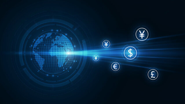Global Digital Payment Network with Earth Globe and International Currency Symbols