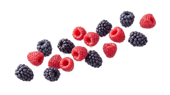 Fresh raspberries and blackberries falling in air. Ripe forest berries mix for healthy food concepts. Organic summer fruit flying. isolated PNG with Transparent Background