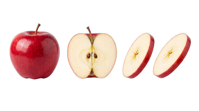 Fresh red apple collection, whole fruit with half and sliced pieces, organic gala apple set for healthy food concepts isolated PNG with Transparent Background