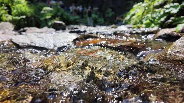 Close up of a crystal clear mountain stream flowing over colorful pebbles in Svaneti Georgia, fresh water ecology, wild nature tourism, environmental conservation