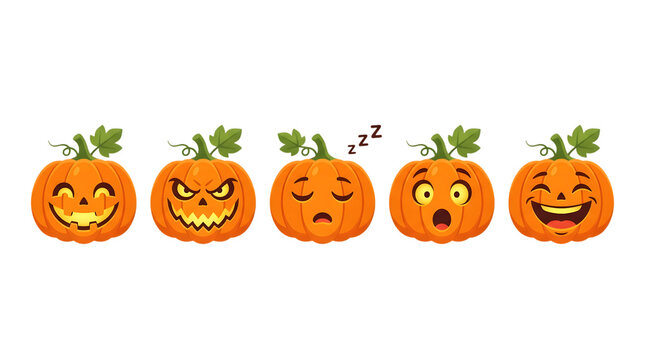 Set of cute pixel art pumpkin faces for halloween decoration featuring various expressions of a cartoon pumpkin isolated on transparent background