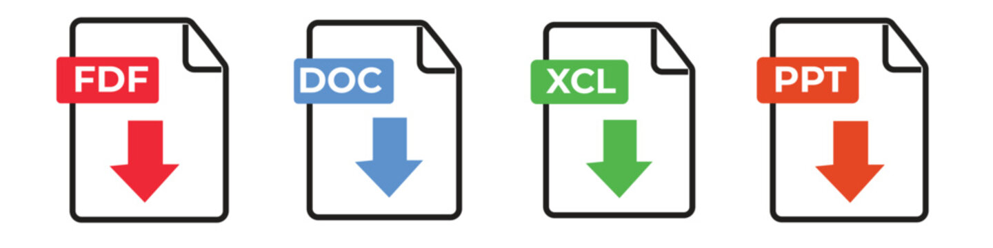 Set of document file download icons with pdf, doc, xcl and ppt formats
