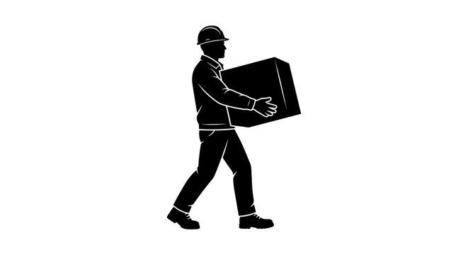 Worker carrying cardboard box black silhouette on white background
