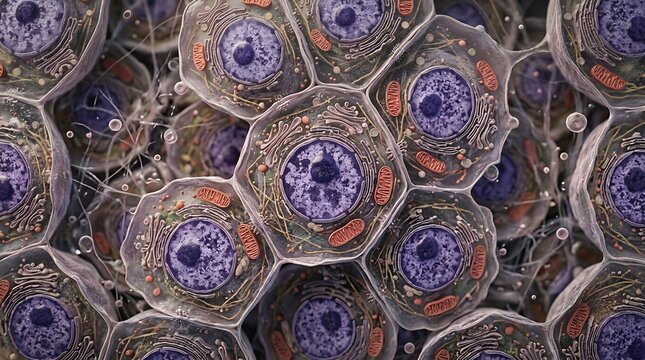 Microscopic view of biological cells with detailed nuclei and organelles