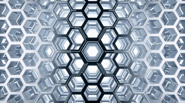 A futuristic abstract background with glowing white hexagonal shapes