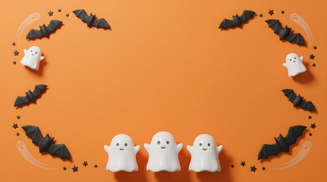 3D Halloween ghost and bat frame on orange background