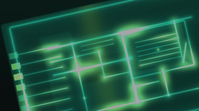 A giant off-center turquoise chip die fills the frame as neon-yellow current races authored buses, bond pads, and a core block on a deep teal board in a seamless 4K electronics technology loop.