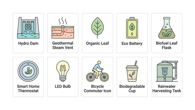 Sustainable Energy Icons: A collection of flat design icons representing various eco-friendly energy sources and technologies.