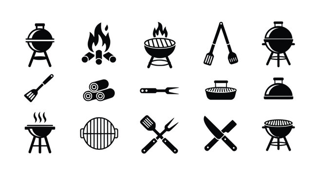 BBQ grill, barbecue tools, sausages, fire, and outdoor cooking equipment icons for grilling, food preparation, and vector illustration