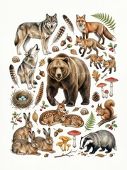 Obraz premium Watercolor Forest Animals and Nature Elements Collection - Bear, Wolf, Fox, Deer, Badger, and Woodland Flora Illustration