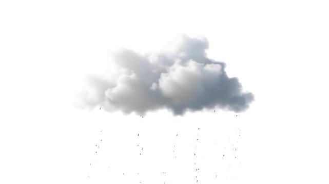 Rain cloud animation with falling water droplets isolated on white background depicting weather patterns and heavy storms for motion video