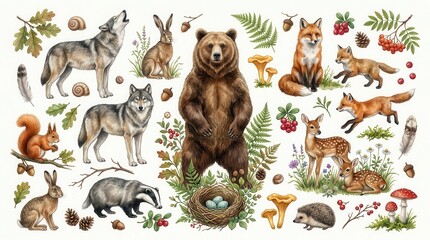 Obraz premium Watercolor Woodland Animals and Forest Elements Collection with Bear, Wolf, Fox, Deer, Badger, Squirrel, and Rabbit