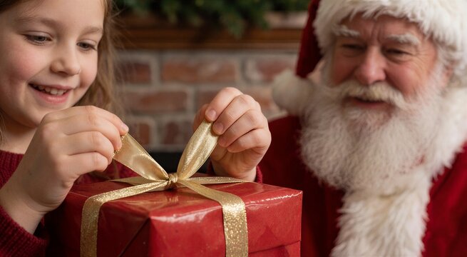 Child and Santa preparing a secret Christmas gift, with the girl carefully tying a gold ribbon on a vibrant red present.