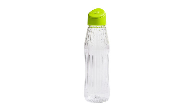 Clear plastic water bottle with ribbed texture and bright lime green flip cap