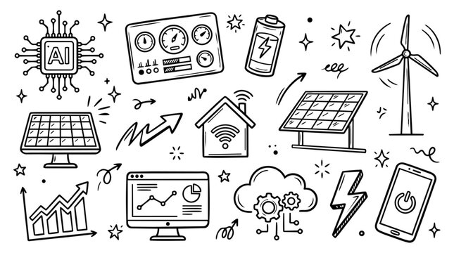 Hand drawn doodle vector collection of AI Energy Management featuring AI chip, energy dashboard, battery, solar panel, wind turbine, smart home, isolated on white background