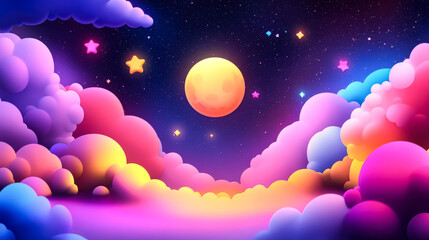Fototapeta premium Cartoon illustration of a magical night sky featuring a full moon, colorful glowing stars, and cartoonish clouds.