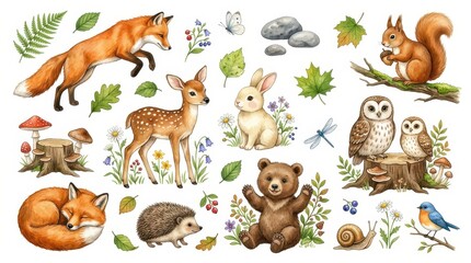 Obraz premium Watercolor Woodland Animals and Forest Elements Set - Fox, Deer, Bear, Owl, Rabbit, Hedgehog, Squirrel, and Nature Illustrations
