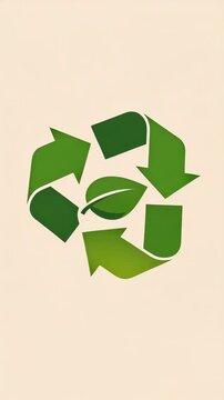 Triptych of green recycling symbols with a central leaf on beige panels, animated arrows rotate across three frames representing eco sustainability.