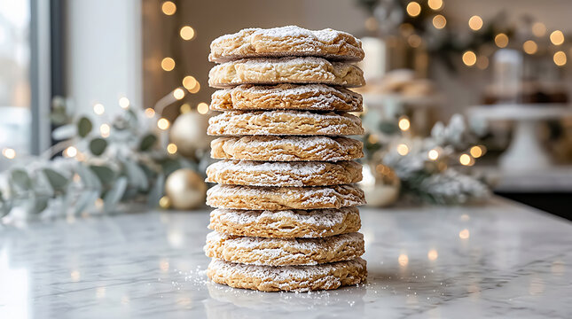 A tall stack of delicious chocolate chip cookies on a table with warm festive fairy lights