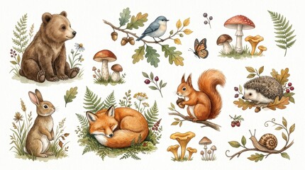 Obraz premium Watercolor Woodland Animals and Forest Elements Set with Bear Fox Rabbit Squirrel Hedgehog and Mushrooms