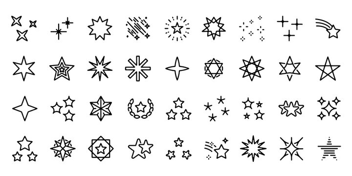 Stars Thin Line Editable Stroke Icon Set. Rating, Sparkle, Night Sky, Celebration, UI Elements, Symbols and Signs. Vector Illustration.