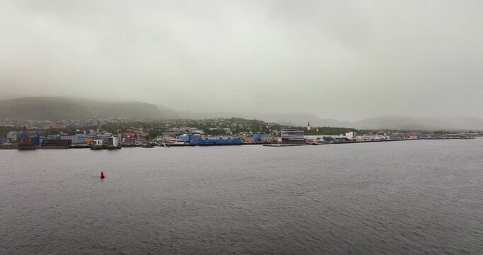 Sortland Waterfront Landscape, Misty Clouds, Travel Destinations Scandinavia, Norwegian Cities, Aerial view